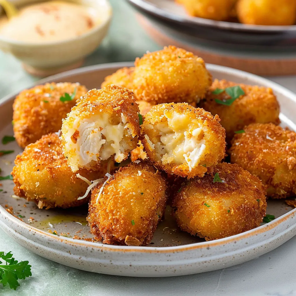 Assiette remplie de boulettes poulet parmesan dorées.
