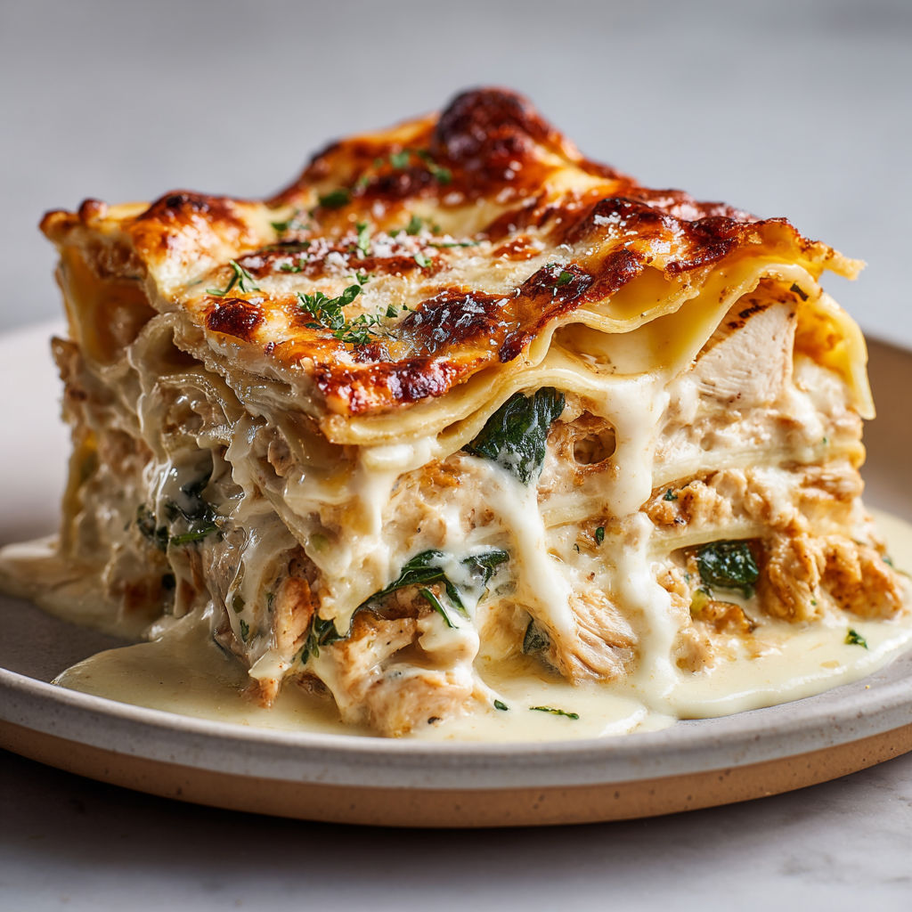 Lasagnes gratinées poulet béchamel et gruyère doré.