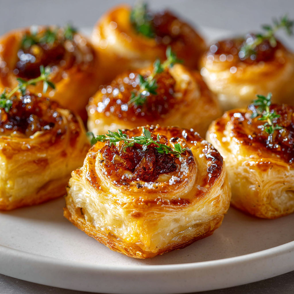 Assiette de feuilletés au fromage fondant et oignons confits dorés.