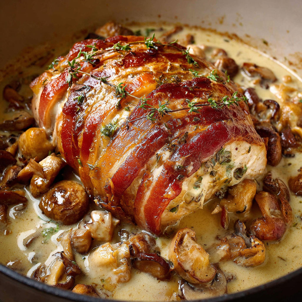 Dinde forestière en cocotte mijotée aux champignons aromatiques et herbes.