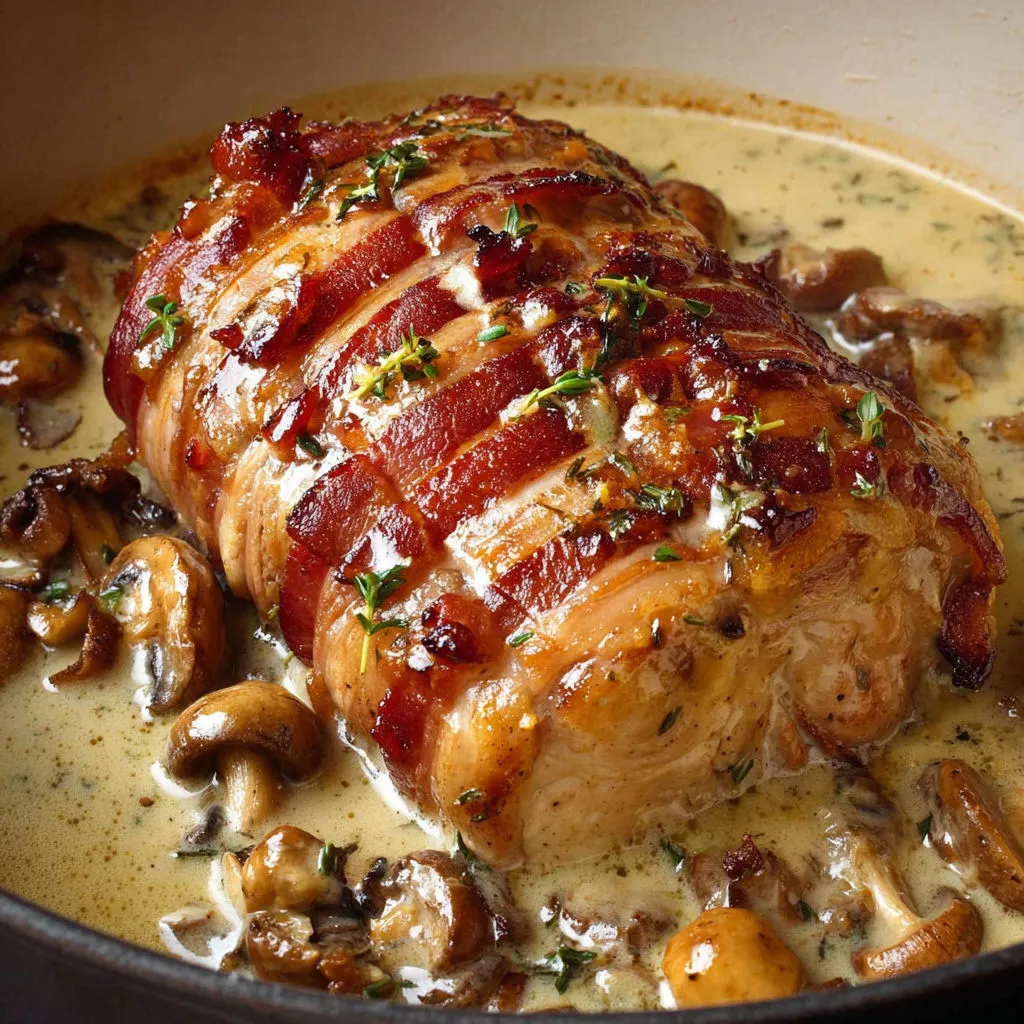 Dinde en Sauce Crémeuse et Champignons Sauvages.