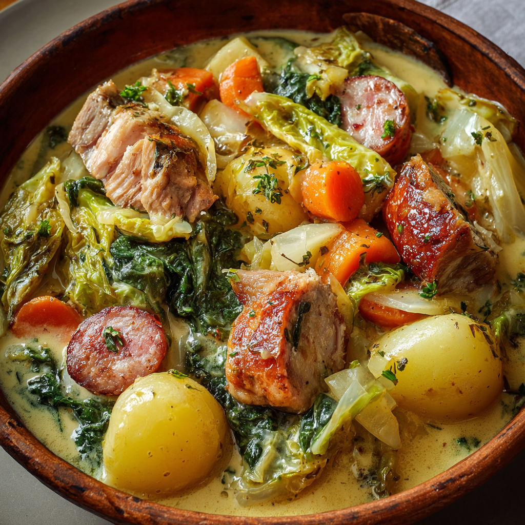 Homemade potée Lorraine accompagnée d’un bol en terre.