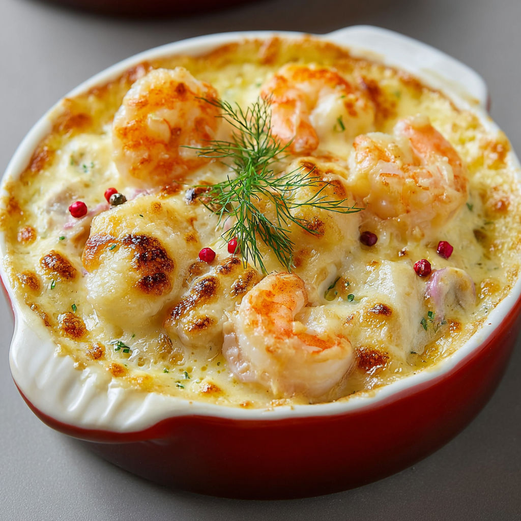 Plats de Fruits de Mer gratinés tout dorés.