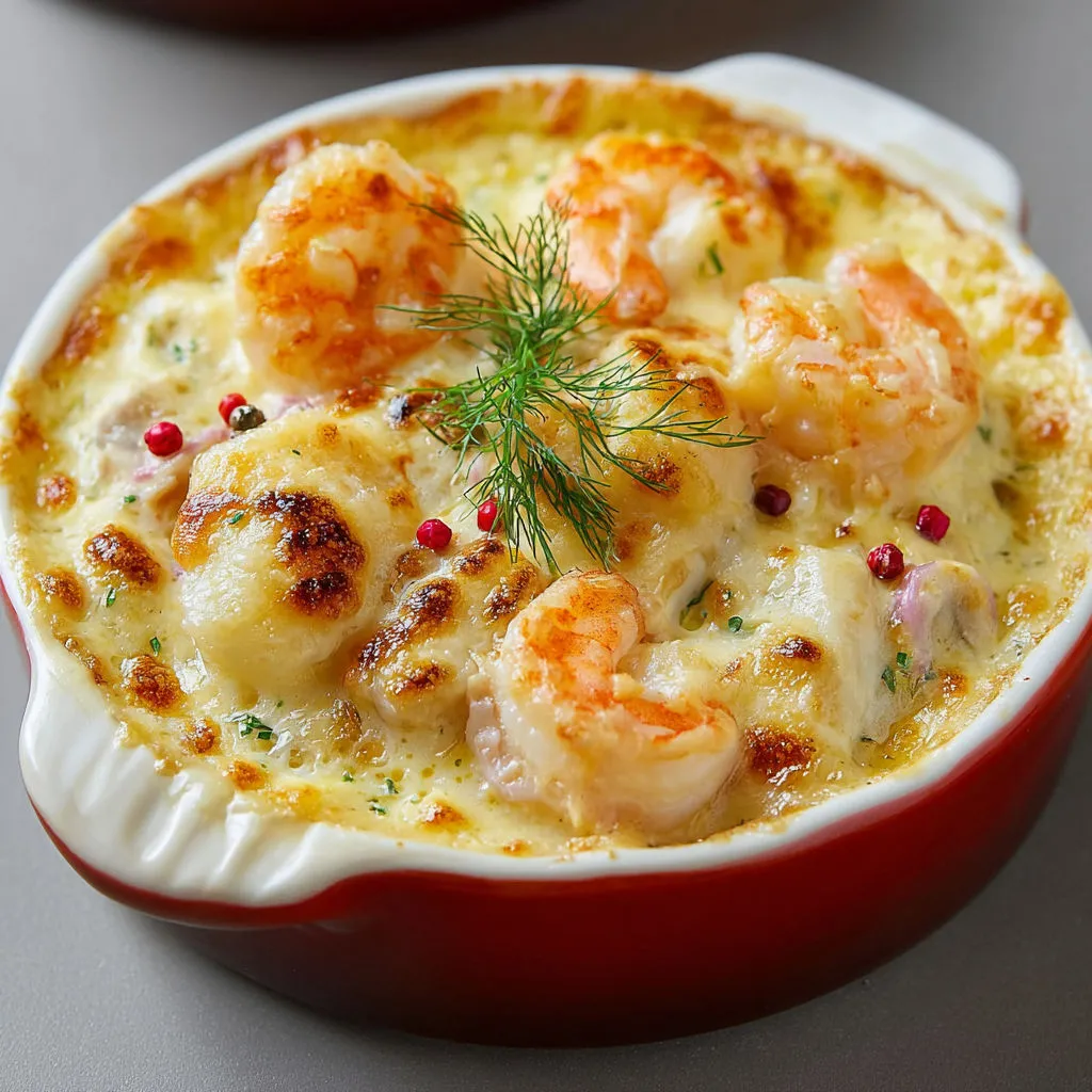 Plats de Fruits de Mer gratinés tout dorés.