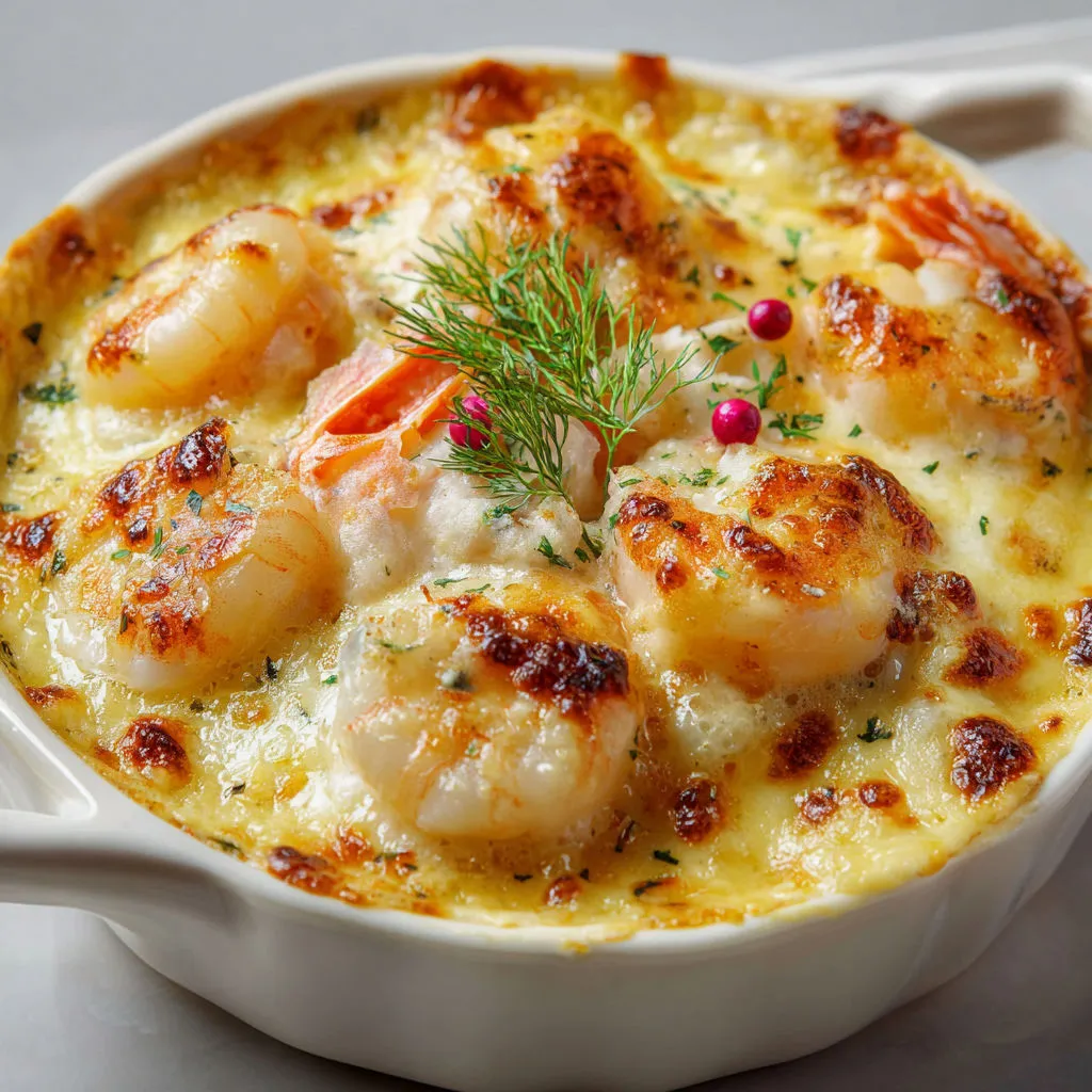 Gratin onctueux aux Saint-Jacques, crevettes et poisson blanc.
