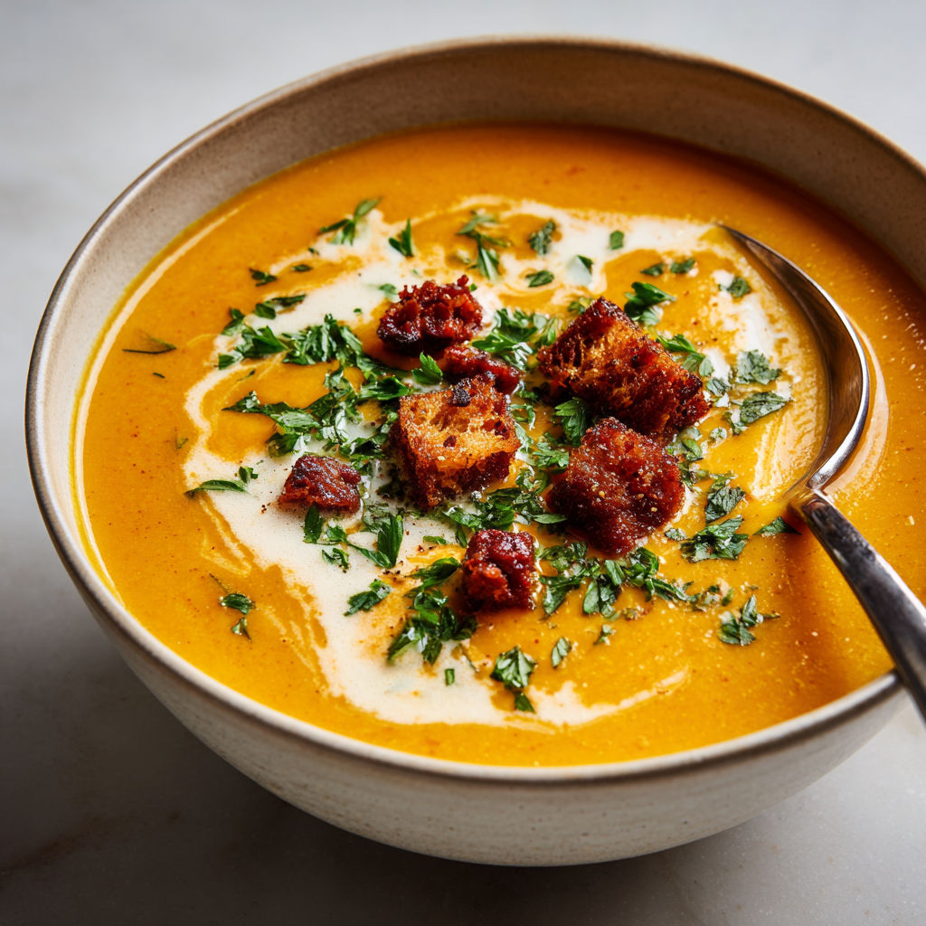 Une soupe crémeuse aux carottes et patates douces servie dans un bol.