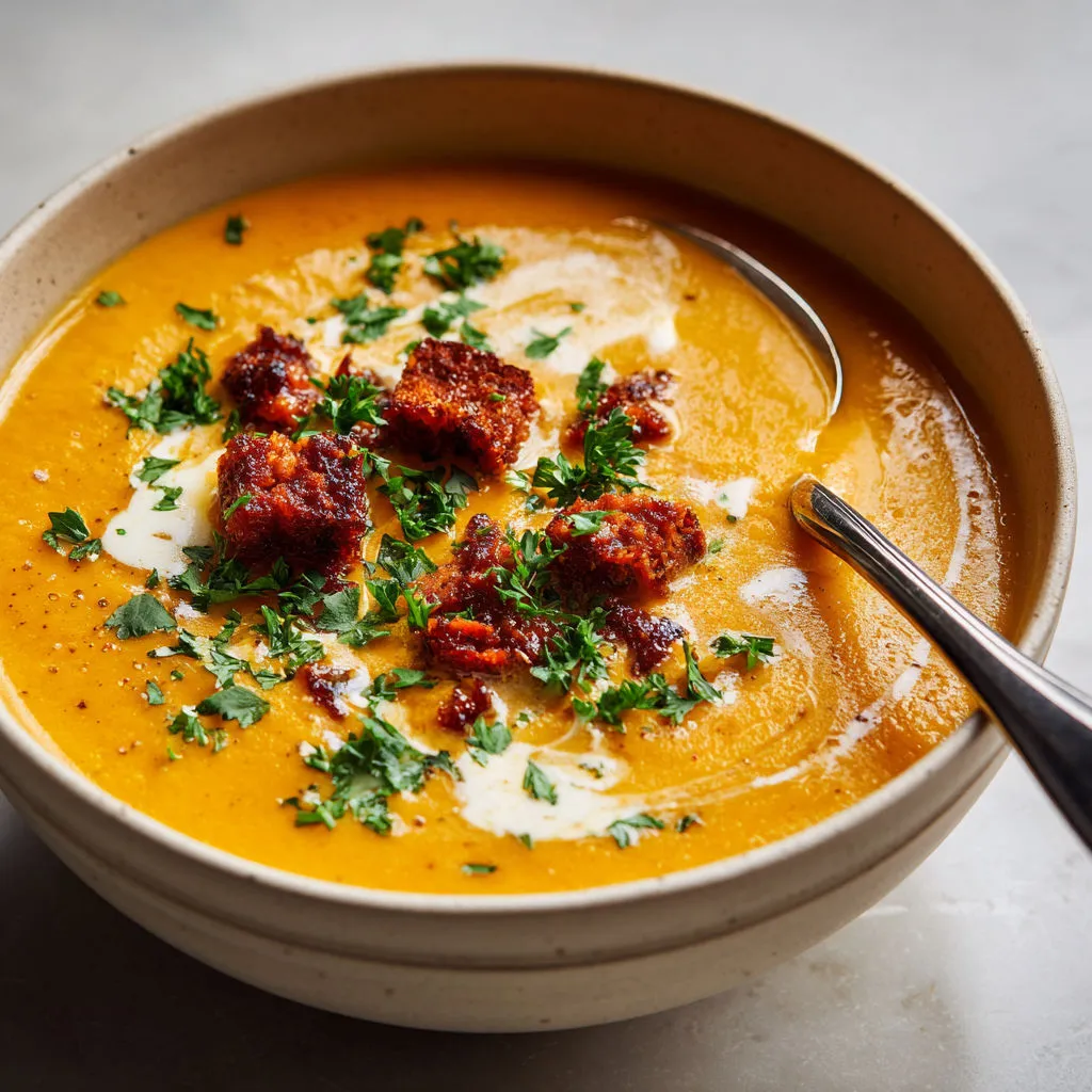 Velouté carottes patate douce et chorizo croustillant.
