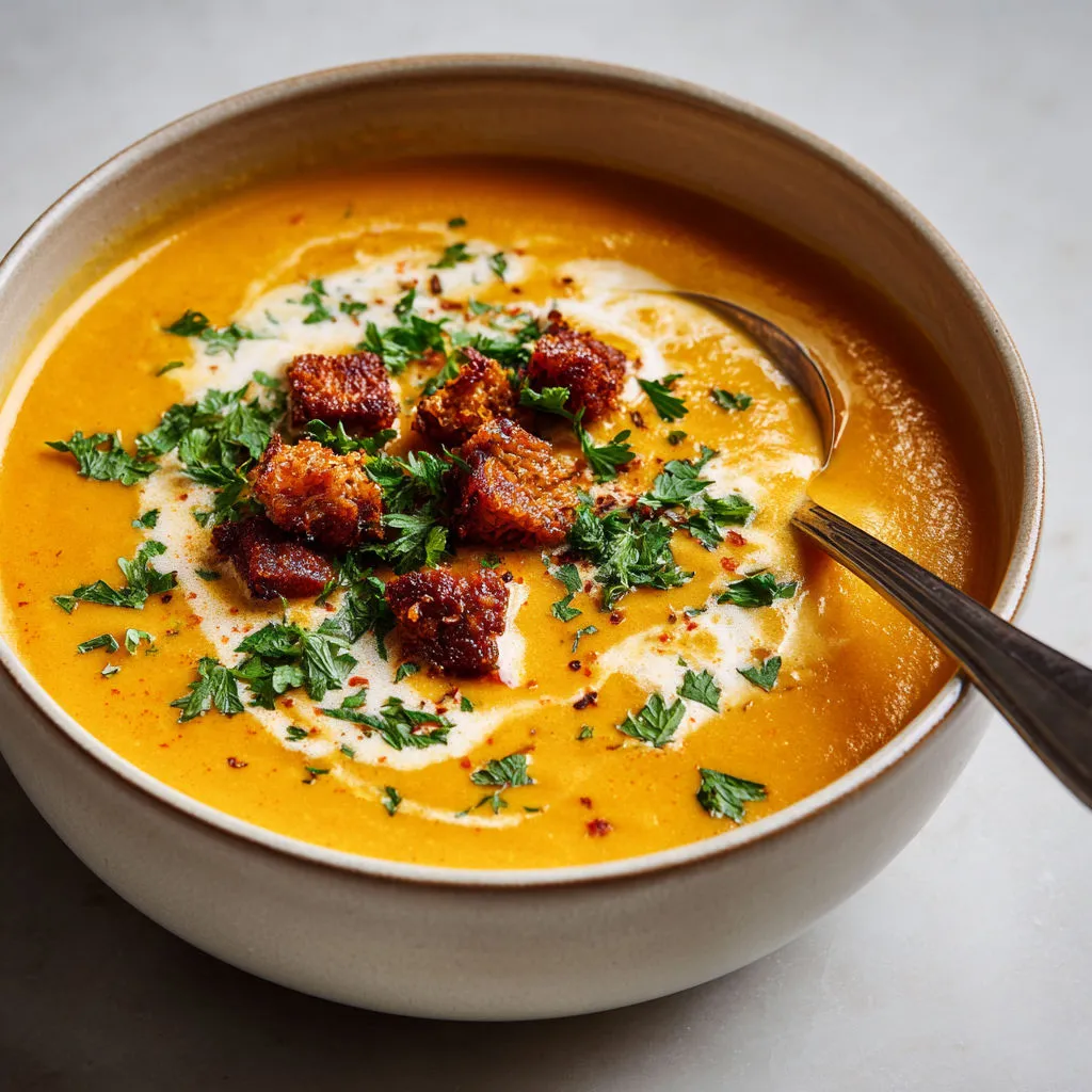 Soupe gourmande légumes rôtis et chorizo croustillant.