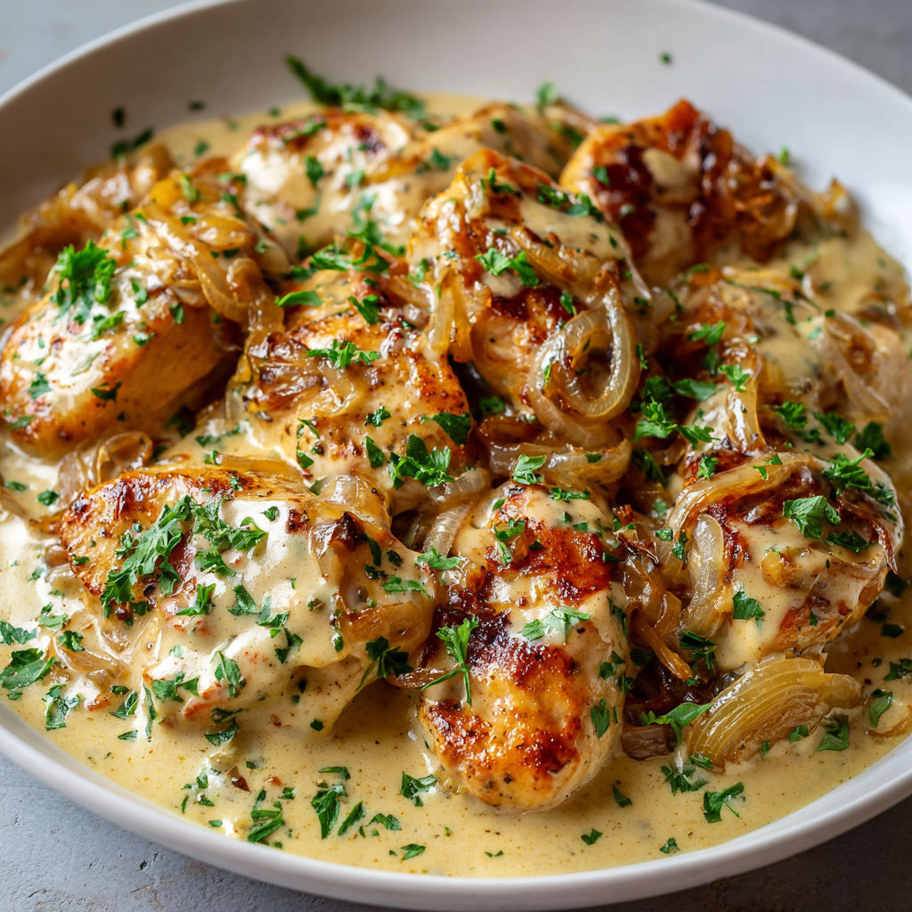 Poulet à la bière et crème servi avec légumes verts et oignons.