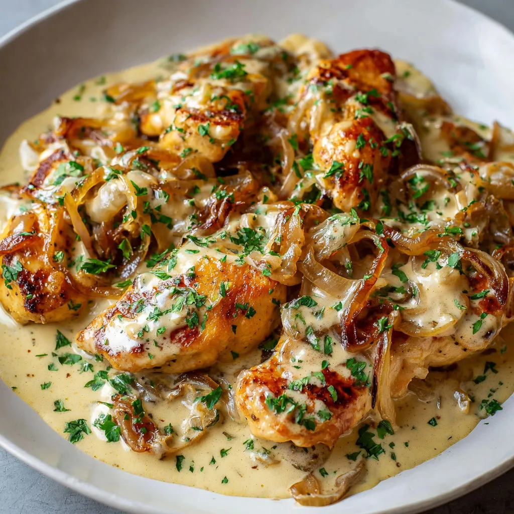 Poulet façon brasserie avec sauce bière-crème.