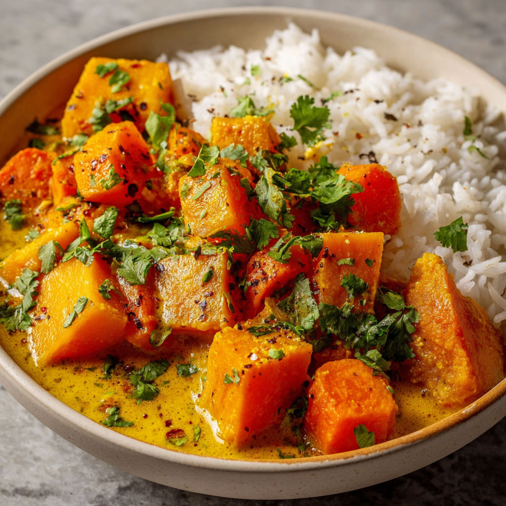 Un bol rempli d’un curry crémeux de butternut, patate douce et carottes, décoré de coriandre.