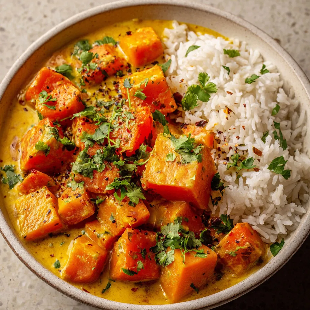 Bol chaud de butternut, patate douce et carottes au curry.