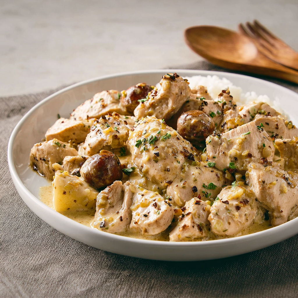 Un plat chaud de dinde crémeuse avec des châtaignes et une touche de moutarde.