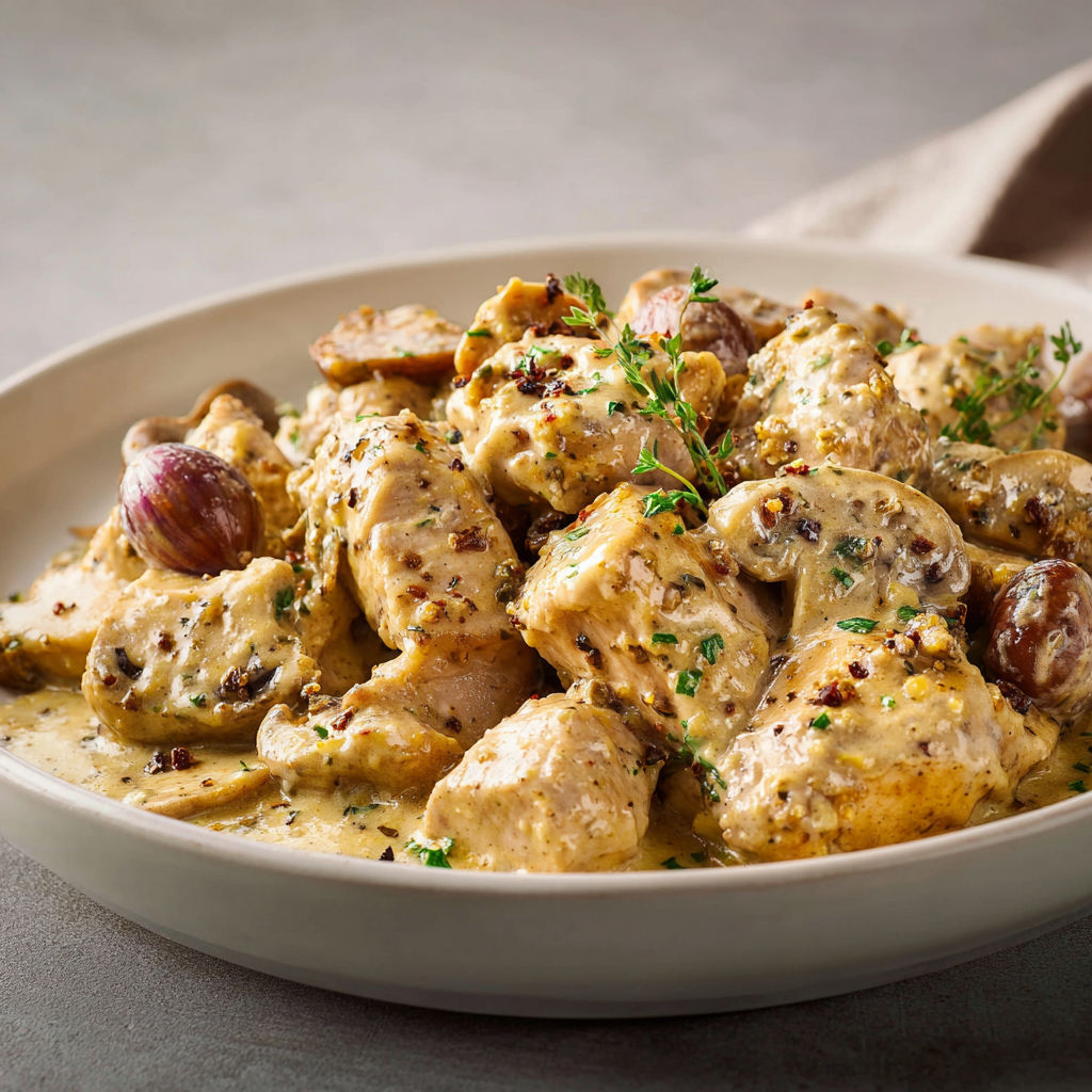 Dinde tendre à la crème et châtaignes, parfum moutarde.