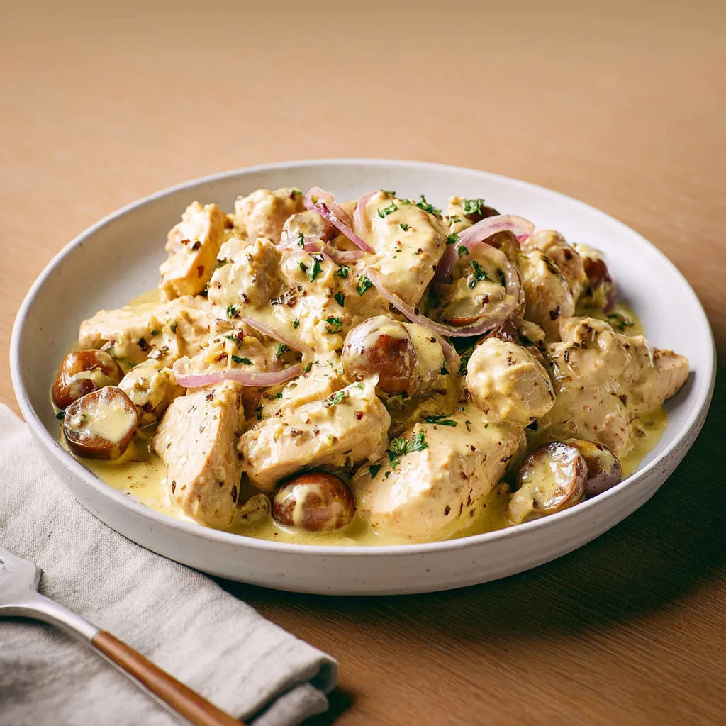 Dinde moelleuse en sauce aux châtaignes et crème.
