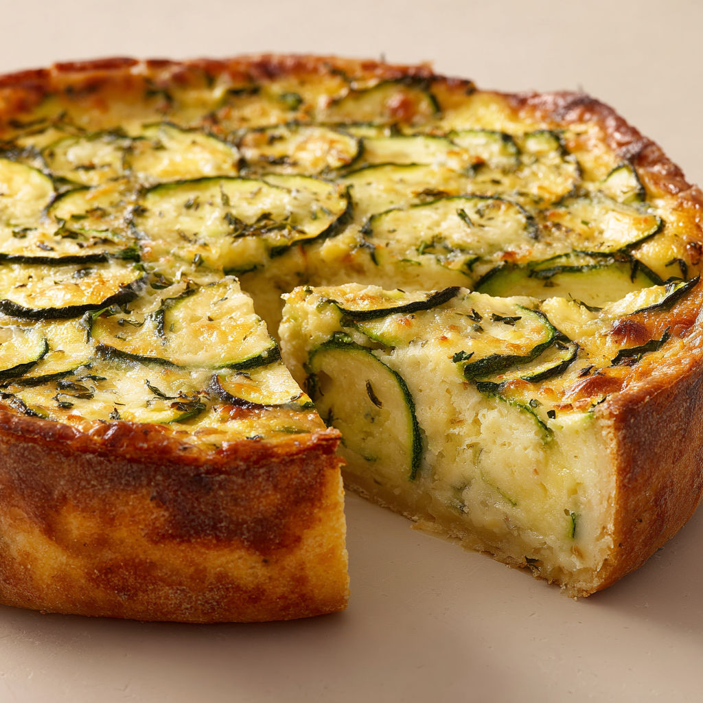Une part délicieusement garnie de flan de courgettes posée sur une table.