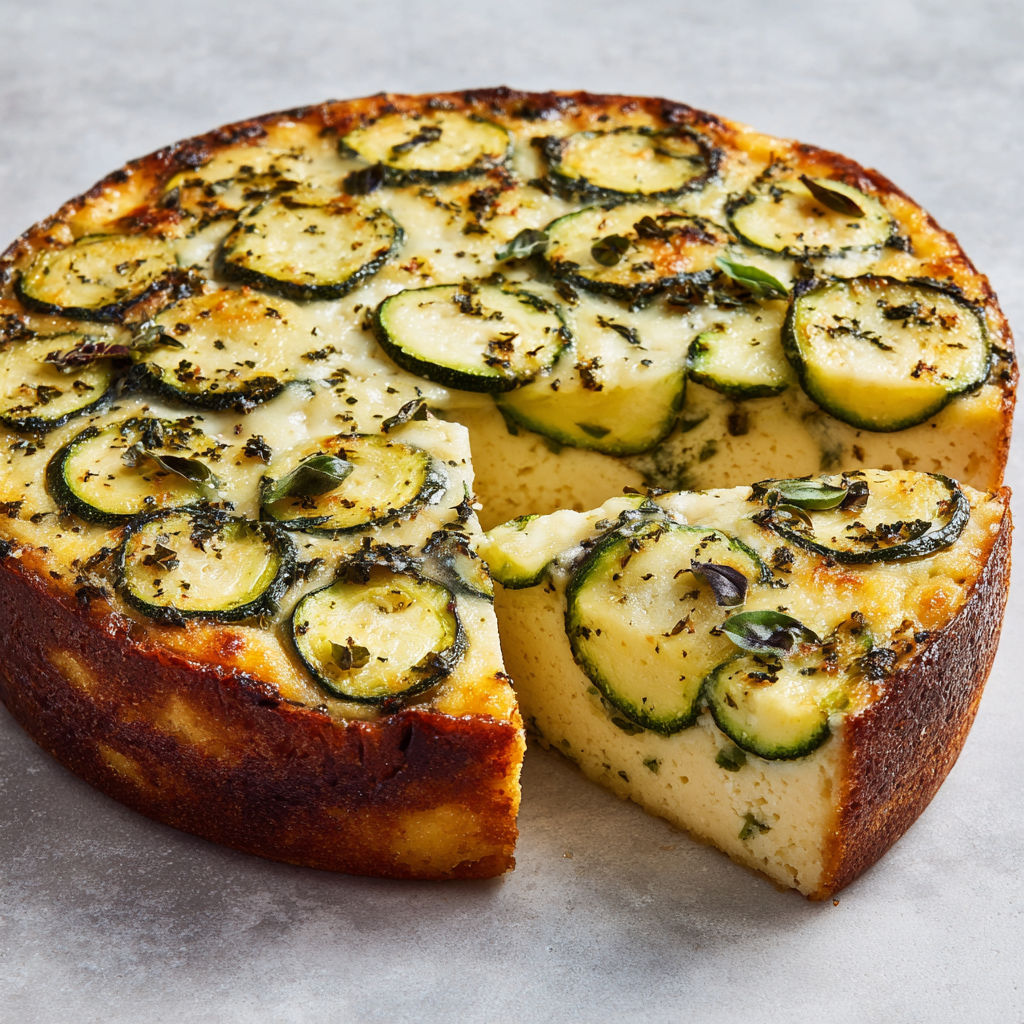 Flan tendre aux courgettes, fromage et basilic.