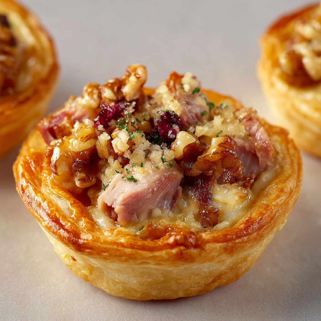 Des tartelettes gourmandes au magret fumé posées sur une table.