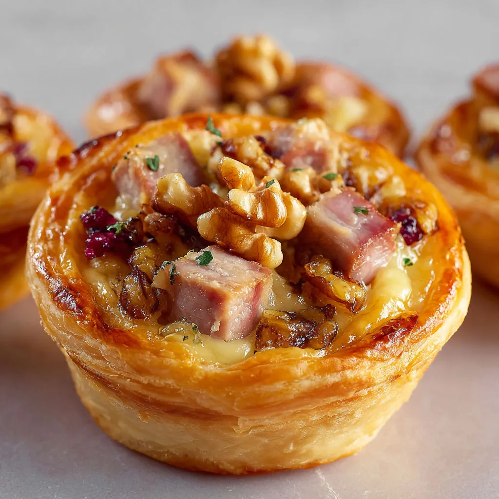 Bouchées feuilletées au magret fumé et oignons confits.
