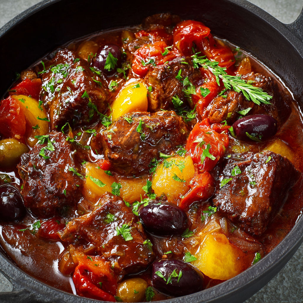 Un plat de bœuf tendre mijoté servi dans une cocotte rustique.