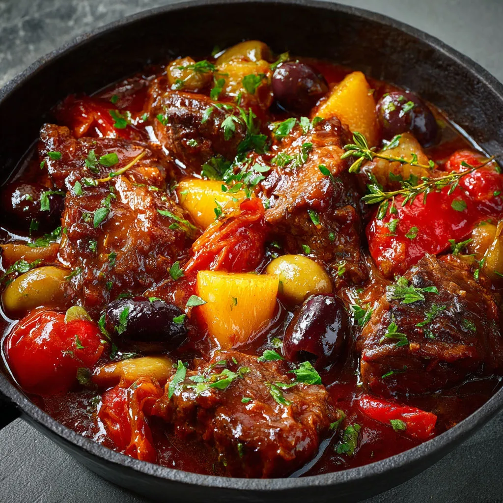 Plat mijoté niçois au vin rouge et olives.