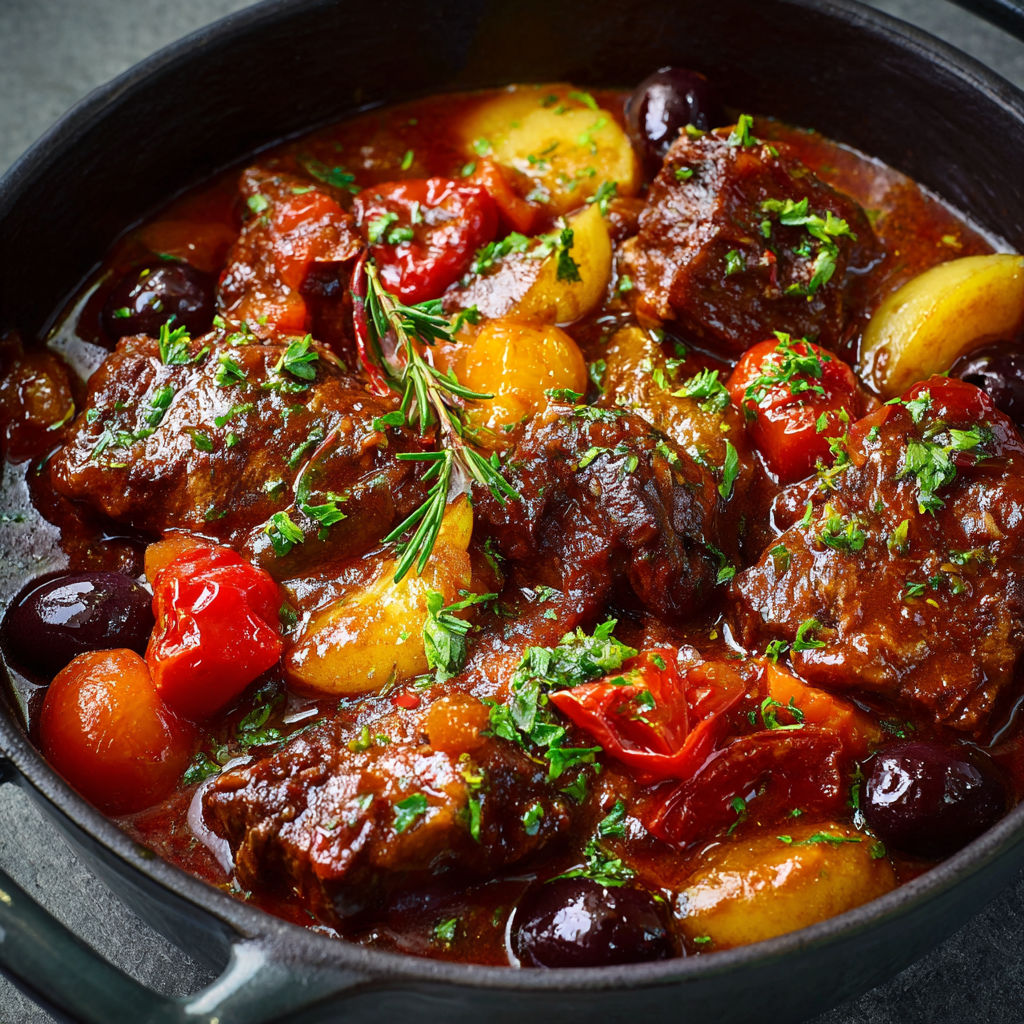 Bœuf slow-cook à la niçoise, olives et chocolat.