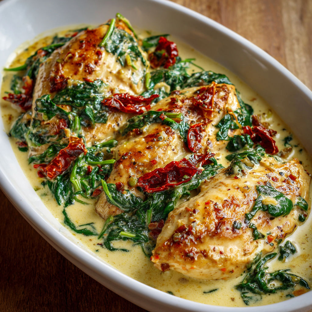 Assiette de poulet aux épinards et tomates séchées.