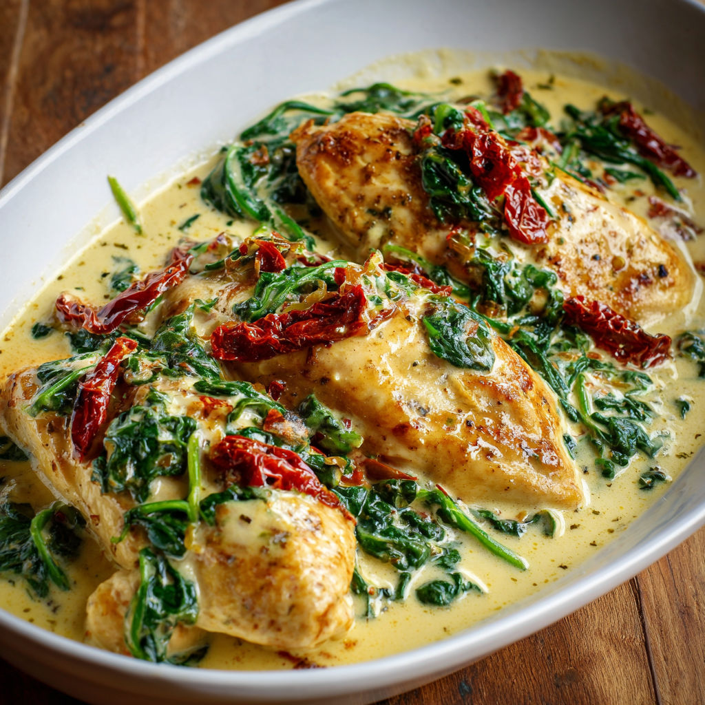 Poulet tendre aux épinards dans une sauce crémeuse et tomates séchées.