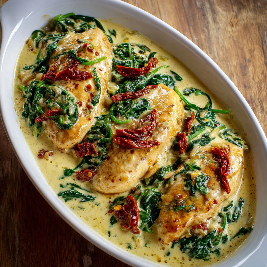 Escalopes de poulet aux saveurs du Sud et sauce crémeuse aux épinards.
