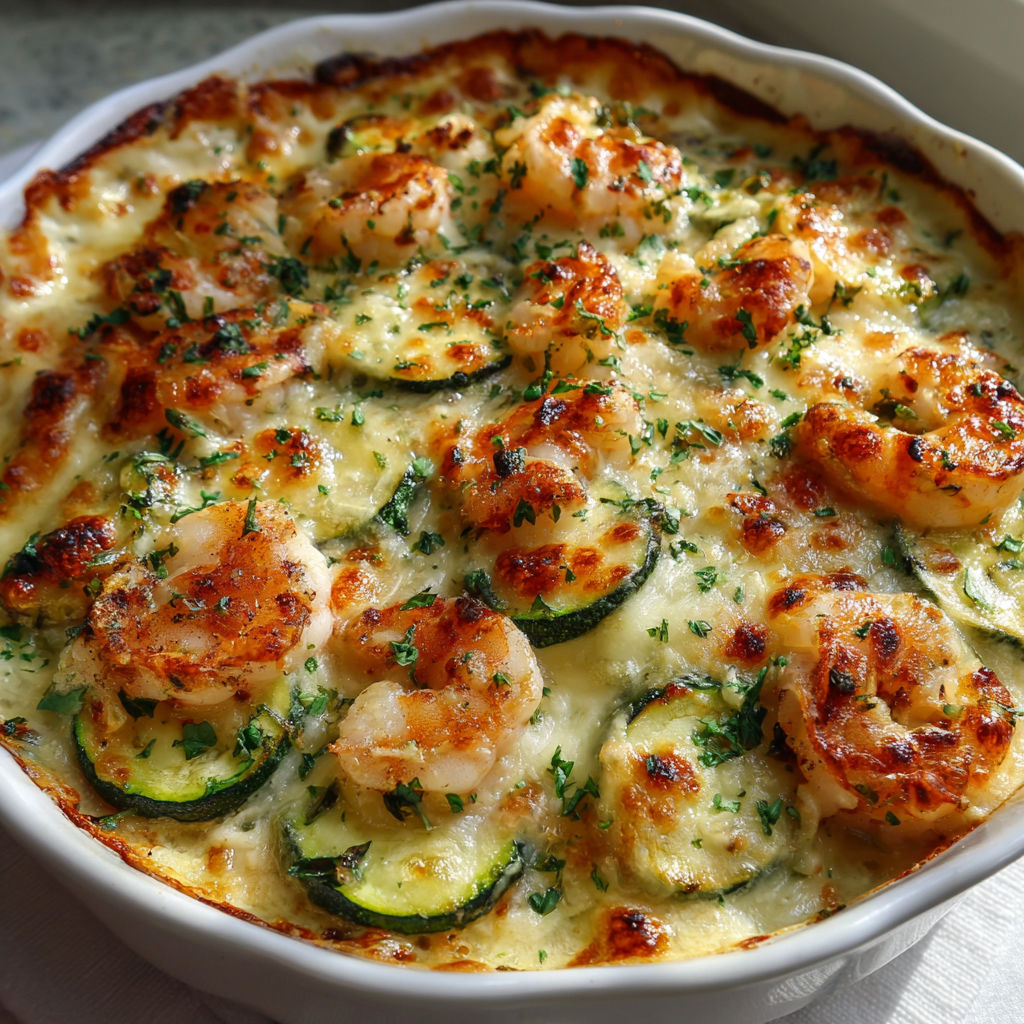 Bol blanc rempli de courgettes gratinées et crevettes à l’ail.