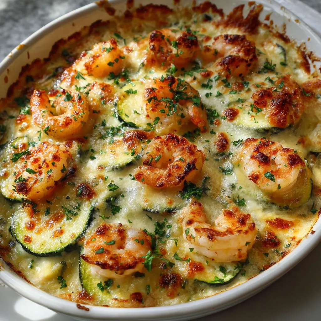 Plat fondant de courgettes et crevettes à l’ail gratinées.