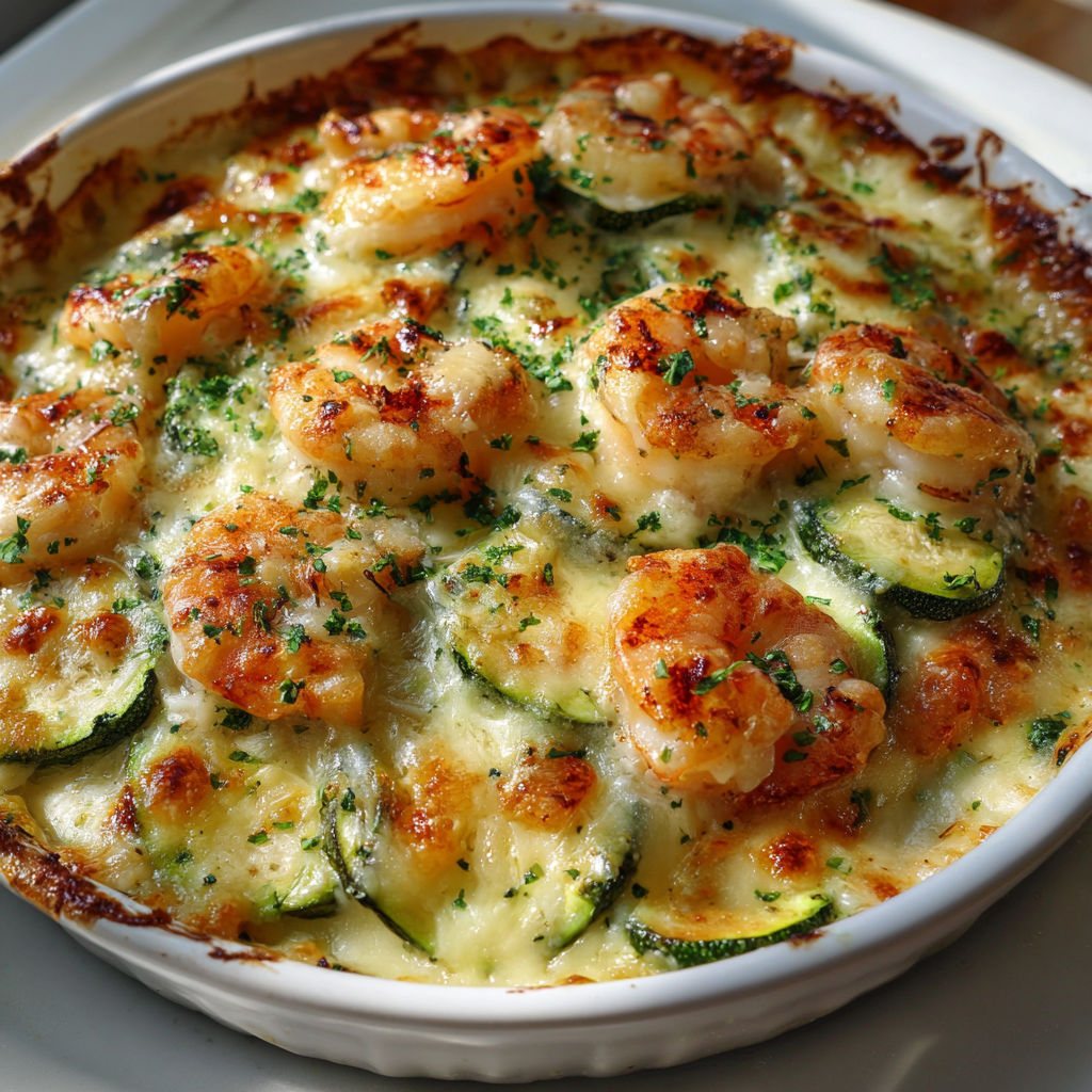 Courgettes moelleuses et crevettes rosies sous le fromage gratiné.