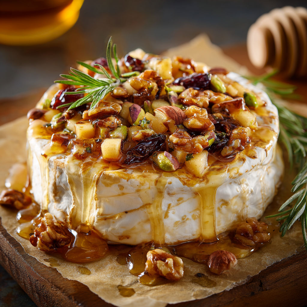 Un brie au four accompagné de pommes caramélisées et d'érable, garni de noix avec des herbes.