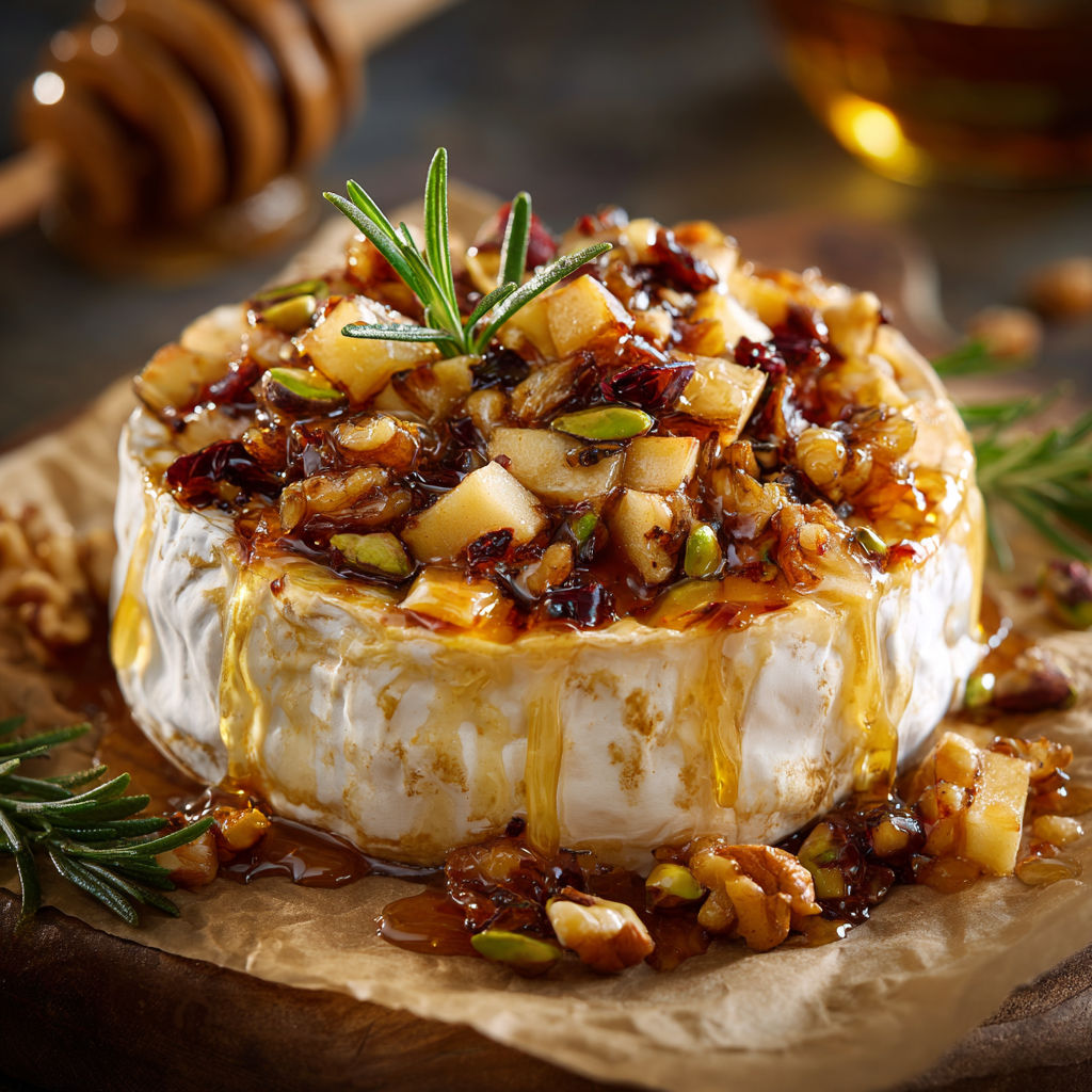 Brie chaud, pommes fondantes et éclats de noix croquantes.