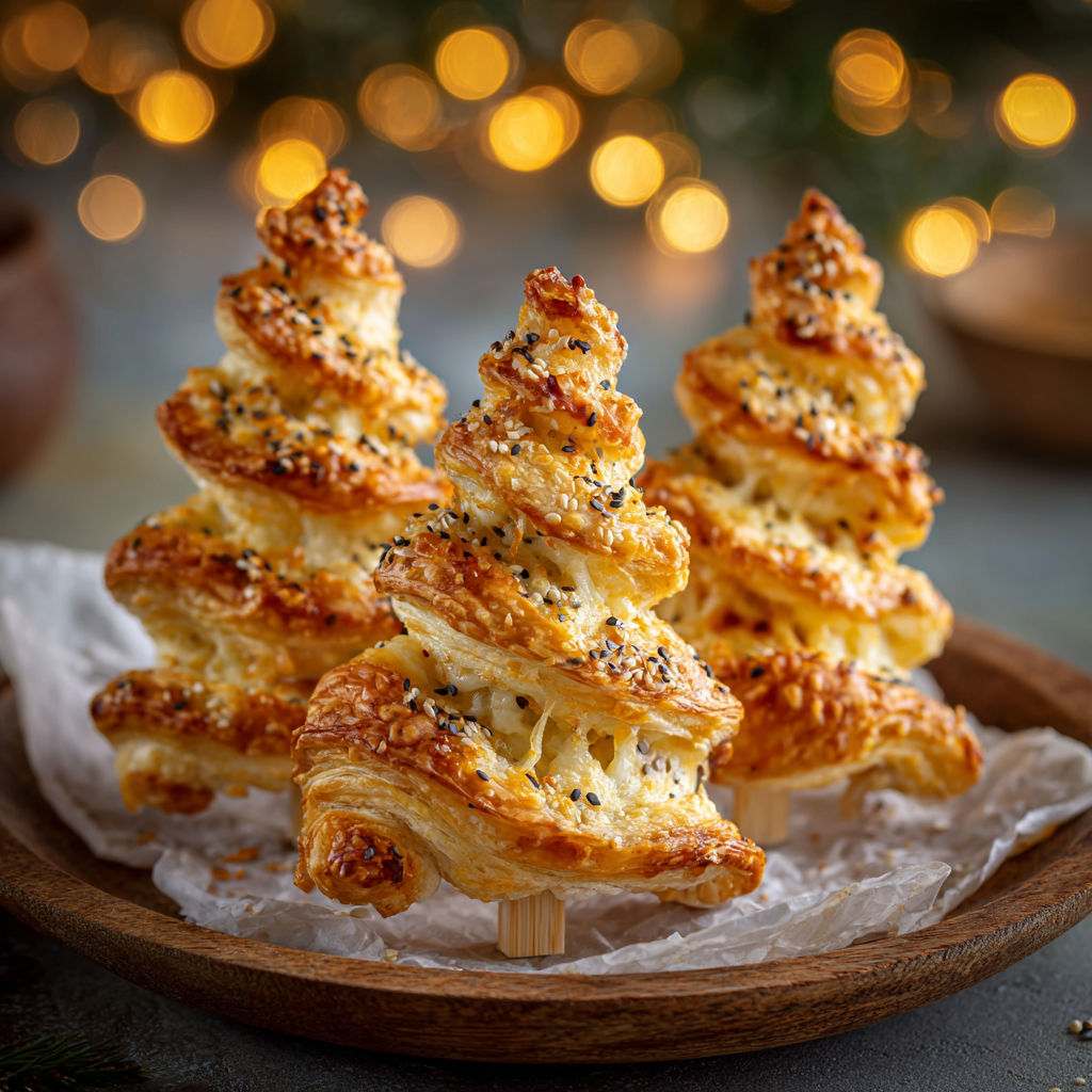 De délicieux sapins feuilletés au fromage posés sur un plateau élégant.