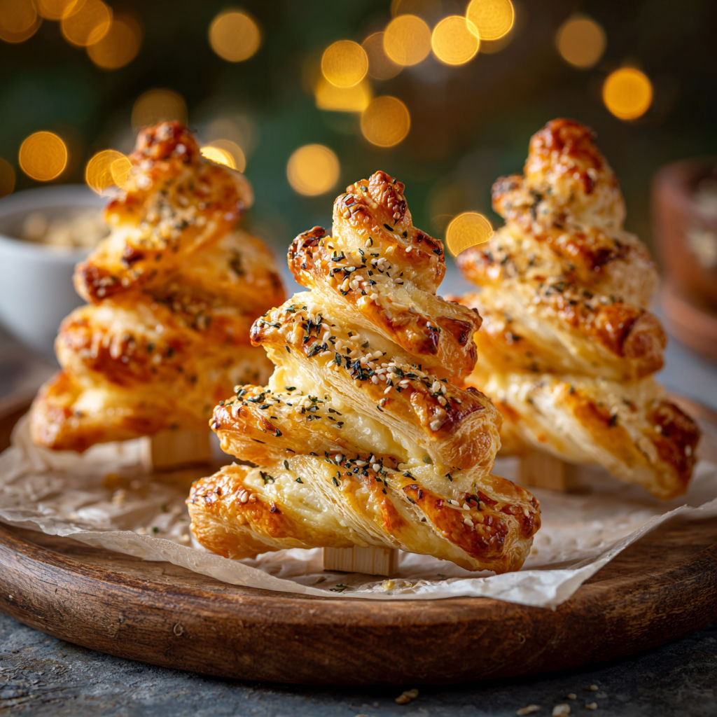 Une belle pâtisserie en forme de sapin, façon croissant, parsemée de cumin, sur un plateau.