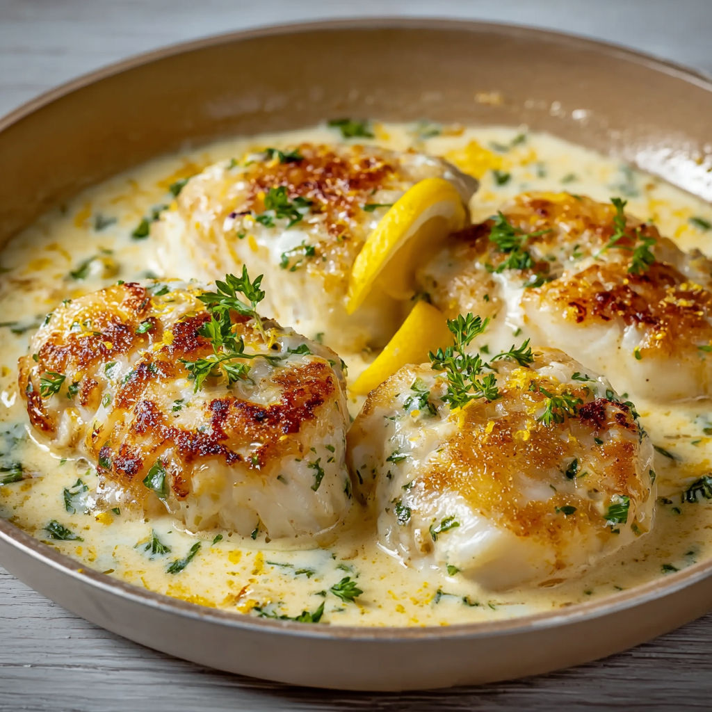 Dos de cabillaud avec sauce au parmesan et citron.