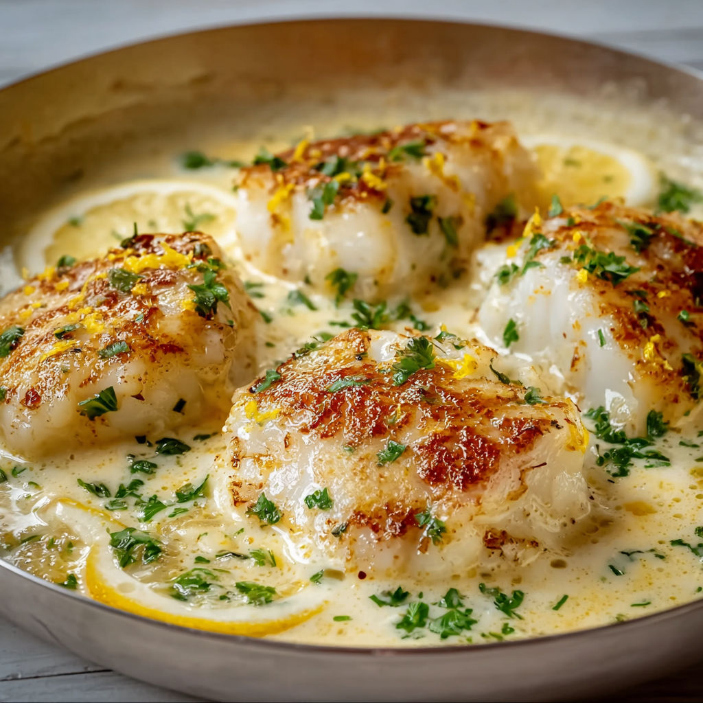 Dos de cabillaud en crème au parmesan et citron.