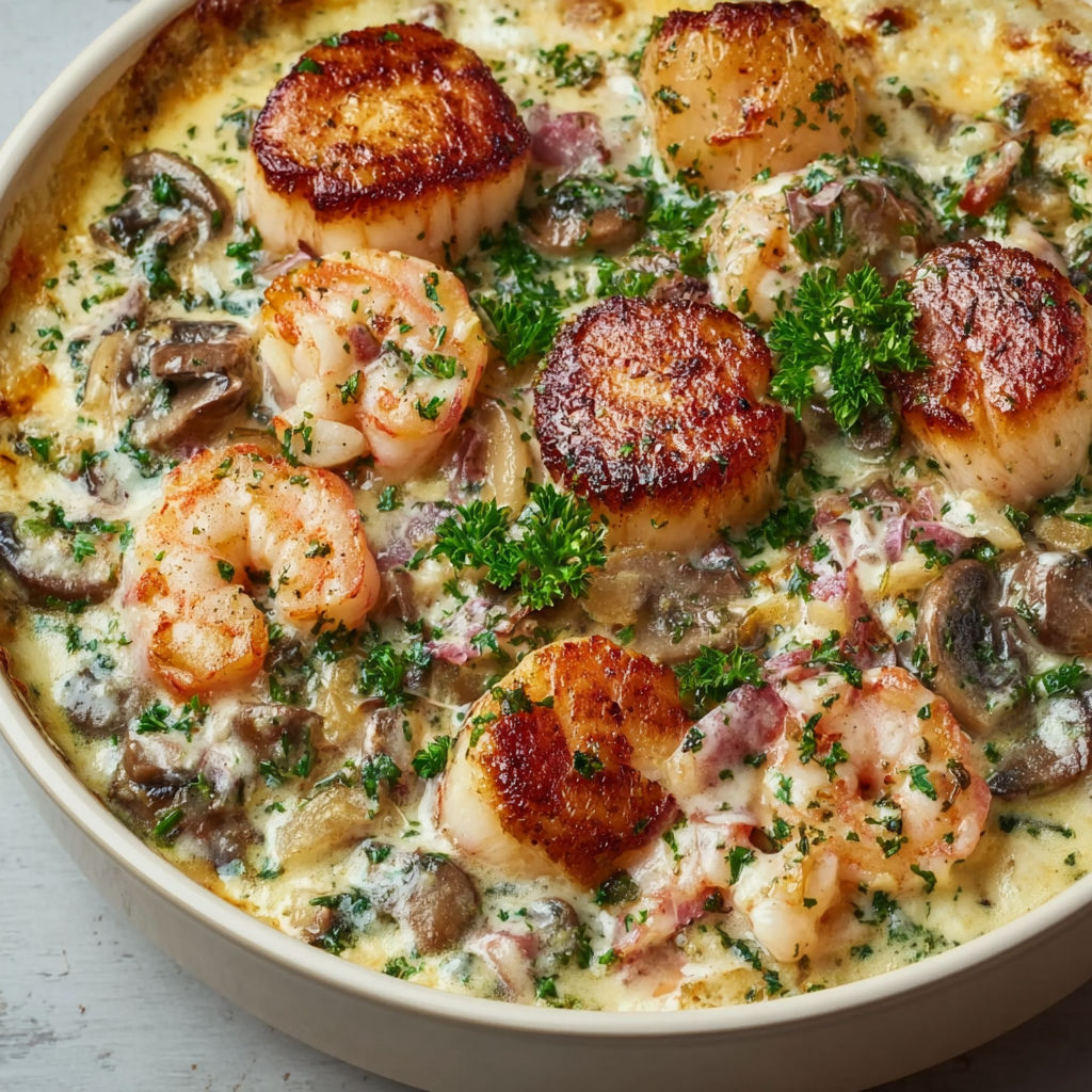 Une entrée marine raffinée avec des fruits de mer et une sauce crémeuse, servie chaude dans un bol.