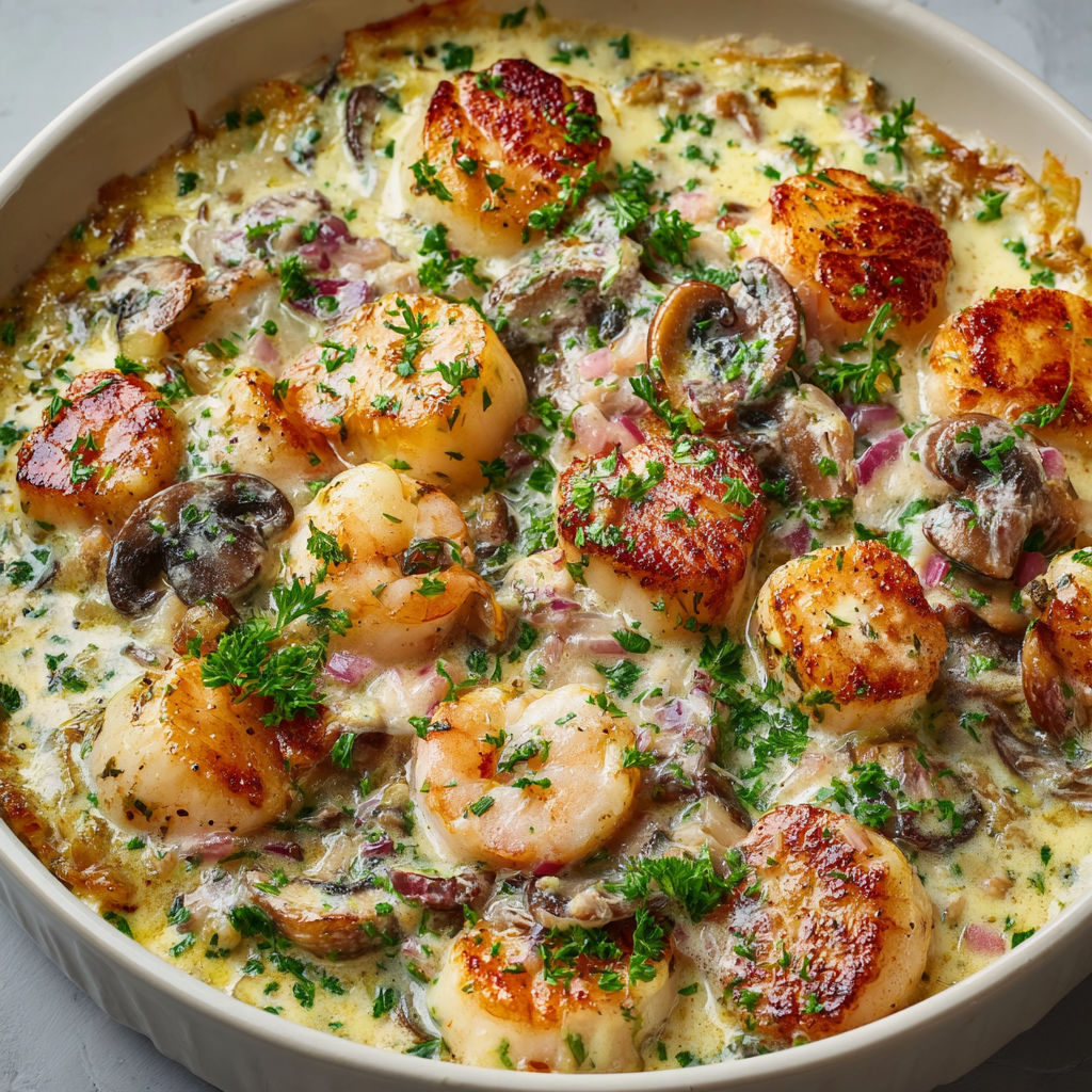 Cassolettes onctueuses aux fruits de mer festifs.