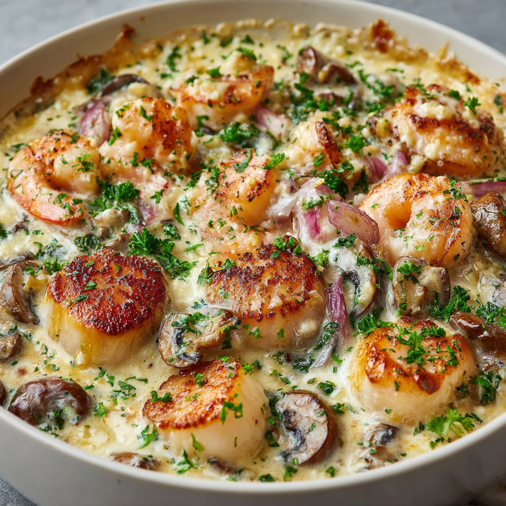 Saint-Jacques et crevettes fondantes en sauce festive.