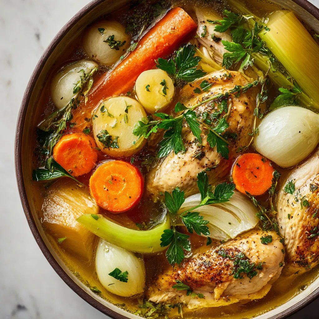 Poule mijotée et légumes anciens, saveurs du terroir.