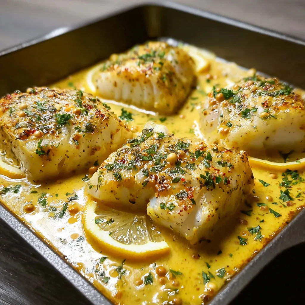 Poisson au four crémeux et moutarde douce.