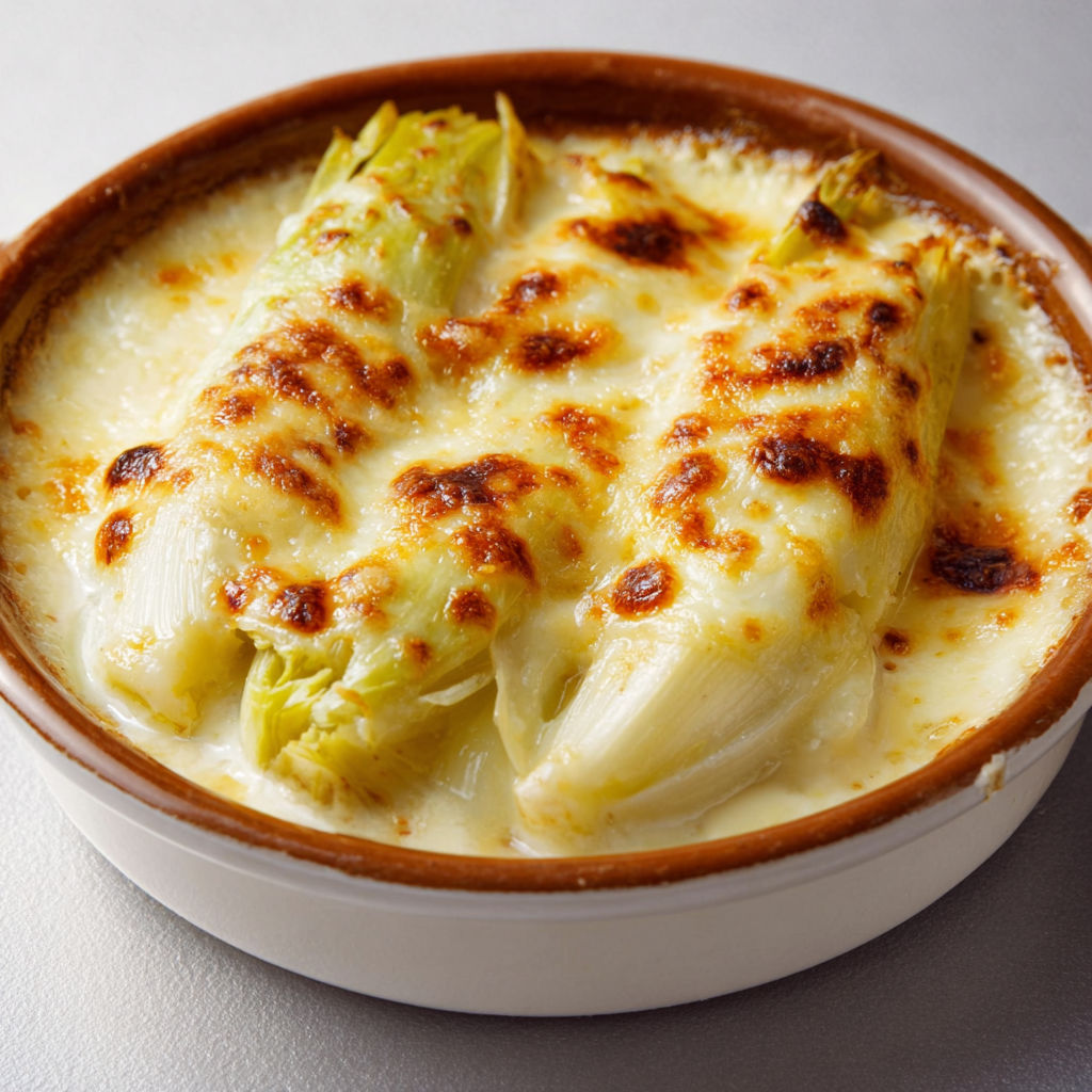 Un délicieux gratin d'endives fondantes et fromage doré dans un bol.
