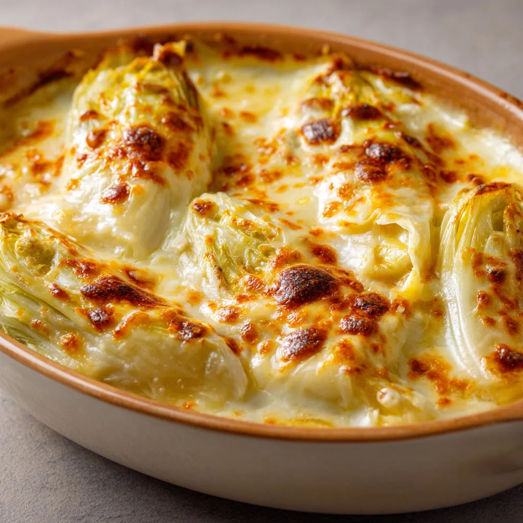 Gratin d’endives tout fondant et bien gratiné au Maroilles.