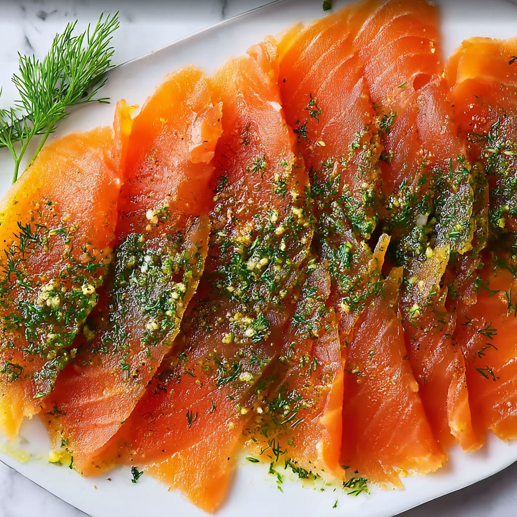 Saumon Gravlax Maison et Aneth, délicatement décoré d’herbes, avec une sauce citron.