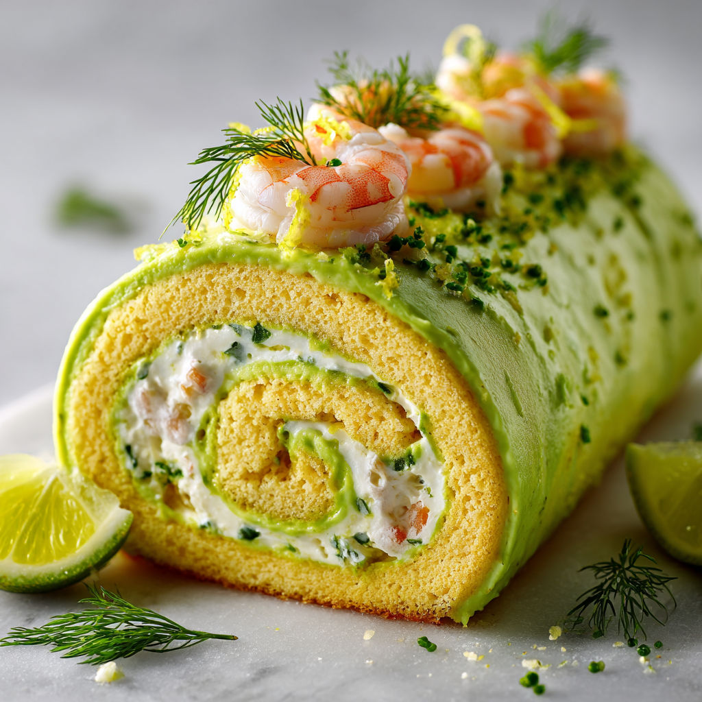 Une belle bûche à base de crevettes, avocat et citron vert, joliment présentée sur un plateau.