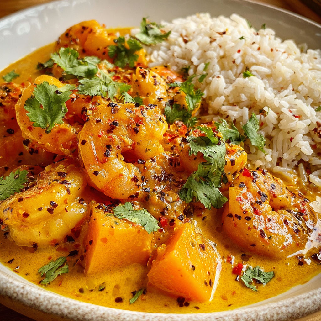 Curry onctueux crevettes et butternut au lait de coco.