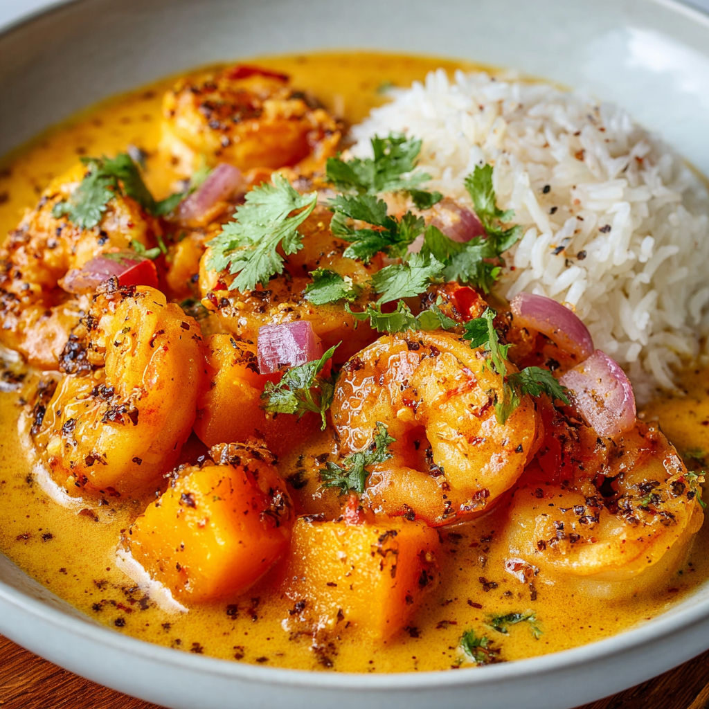 Butternut tendre et crevettes au curry doux.