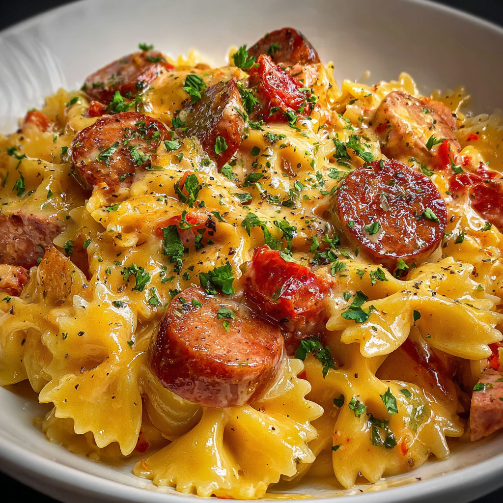 Un plat gratiné de pâtes crémeuses et saucisse fumée servi dans une assiette blanche.